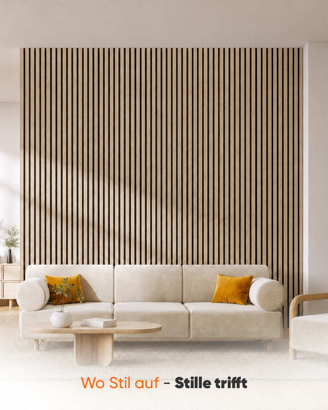 Moderner Raum mit 3D Akustikpaneelen aus Holz in Holzoptik und stilvollem Sofa.
