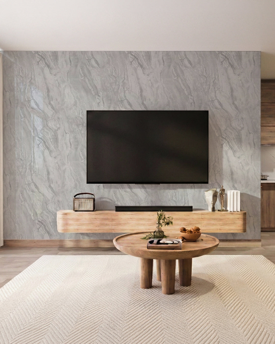Wandpaneele Marmoroptik 122x244 cm als elegante Wandverkleidung in modernem Wohnzimmer mit TV.