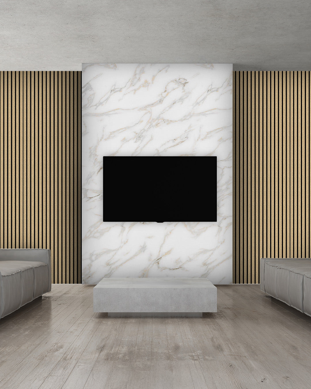 TV Wandpaneel Set – Akustik Holzpaneele (60×240 cm) + PVC Marmorpaneel Calacada (122×244 cm)