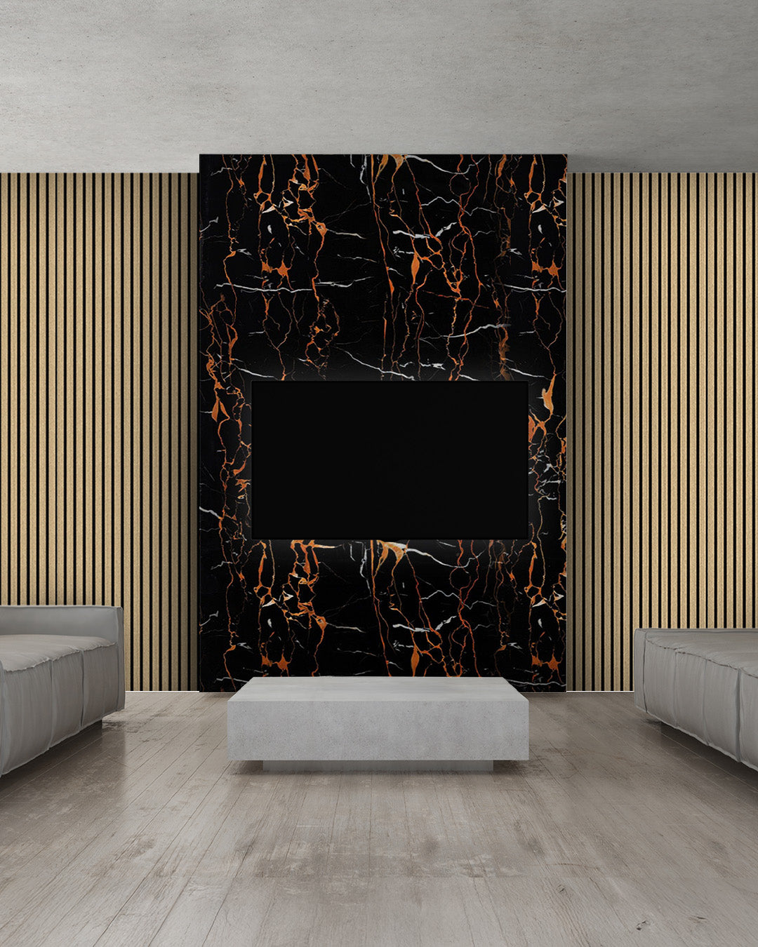 TV Wandpaneel Set – Akustik Holzpaneele (60×240 cm) + PVC Marmorpaneel Dragon (122×244 cm)