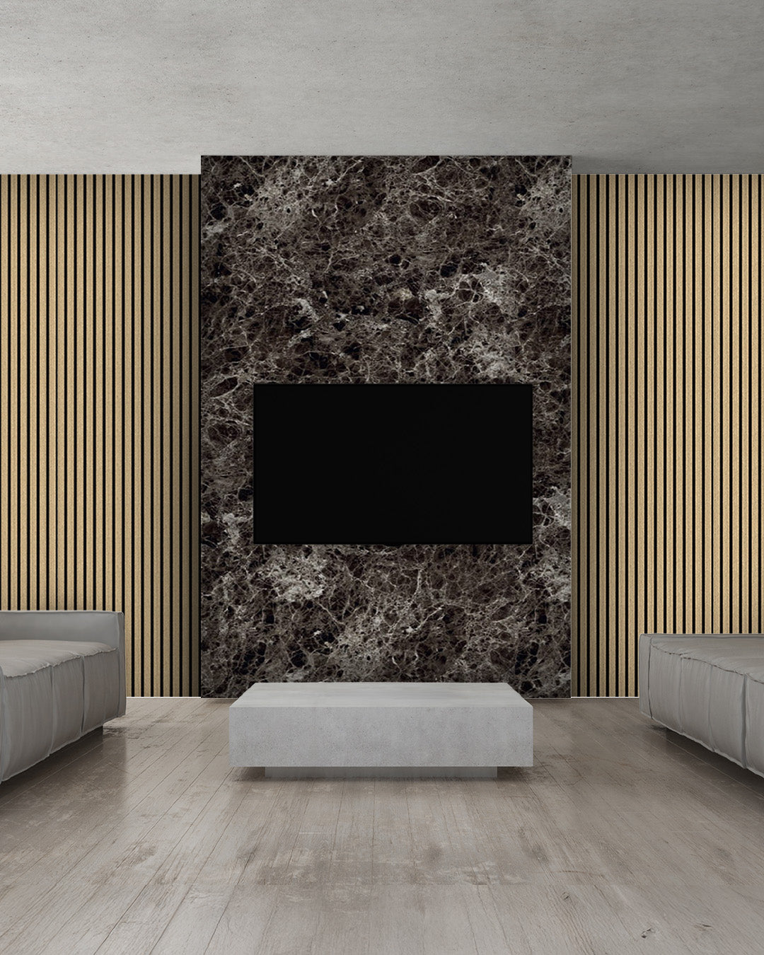 TV Wandpaneel Set – Akustik Holzpaneele (60×240 cm) + PVC Marmorpaneel Emperador Dark (122×244 cm)