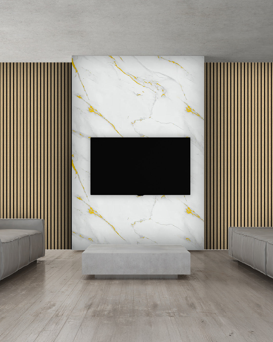 TV Wandpaneel Set – Akustik Holzpaneele (60×240 cm) + PVC Marmorpaneel Golden Harmony (122×244 cm)