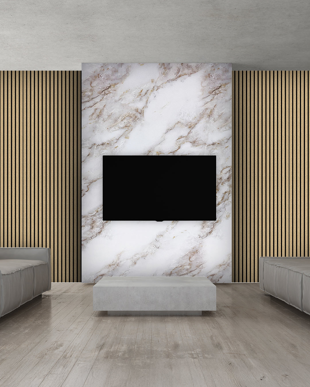TV Wandpaneel Set – Akustik Holzpaneele (60×240 cm) + PVC Marmorpaneel Ice Berg Beige (122×244 cm)