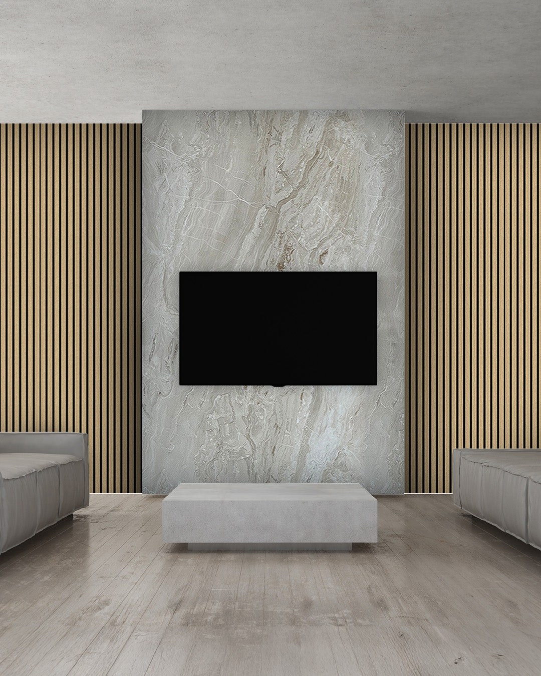 TV Wandpaneel Set – Akustik Holzpaneele (60×240 cm) + PVC Marmorpaneel Mars Bubble (122×244 cm)