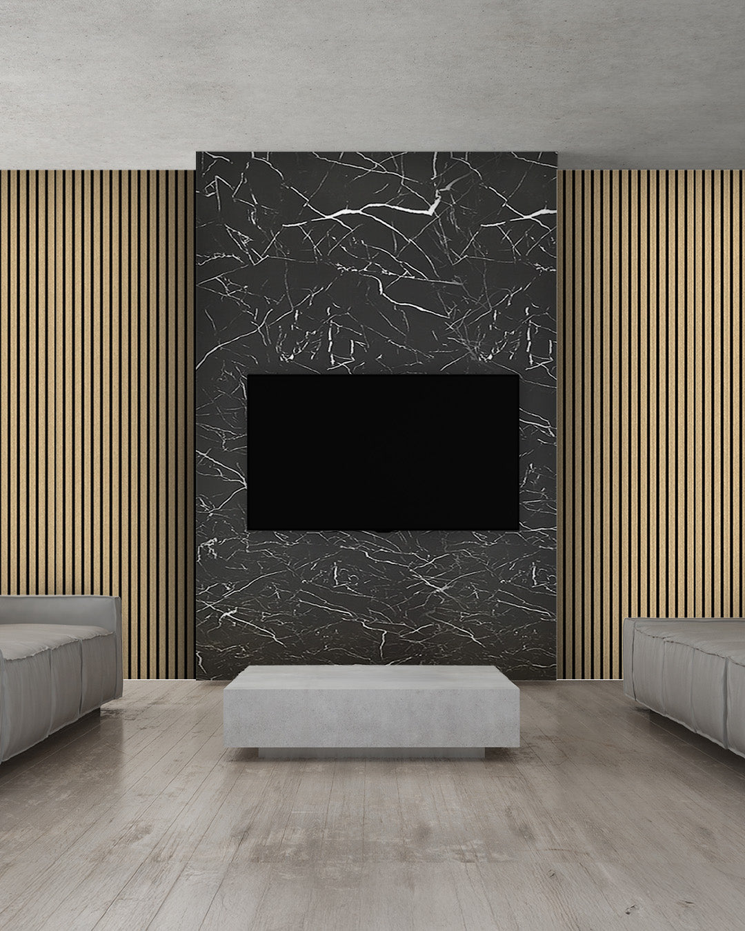 TV Wandpaneel Set – Akustik Holzpaneele (60×240 cm) + PVC Marmorpaneel Tidal Wave (122×244 cm)