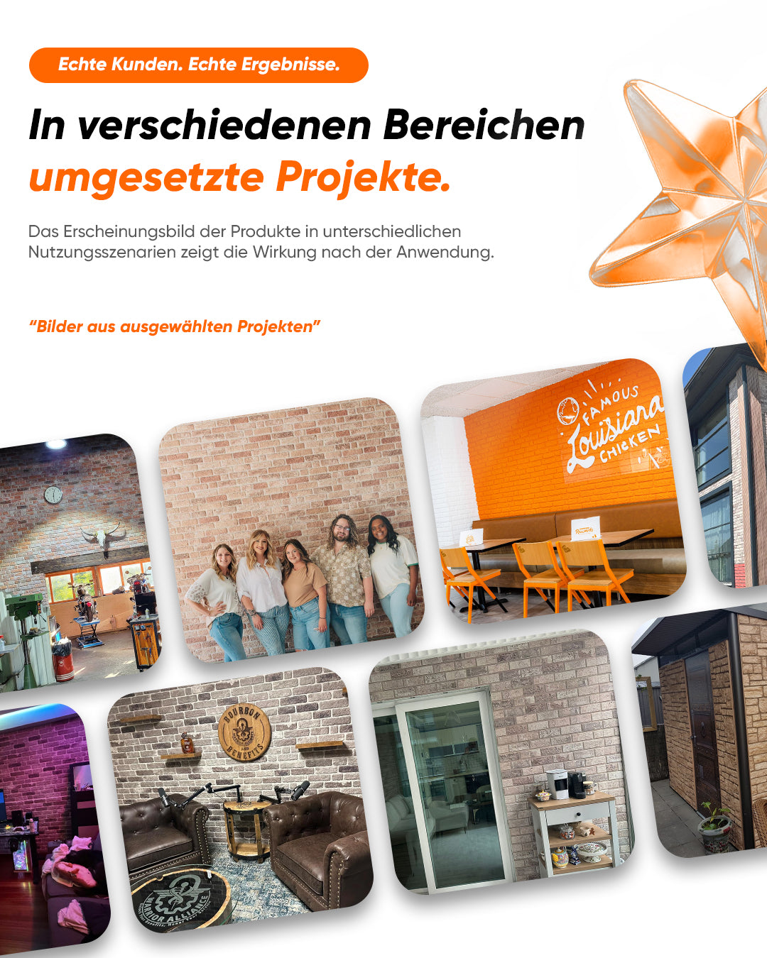 Ziegelsteinoptik Wandpaneele in verschiedenen Projekten und Nutzungsszenarien, gezeigt in modernen Innenräumen.