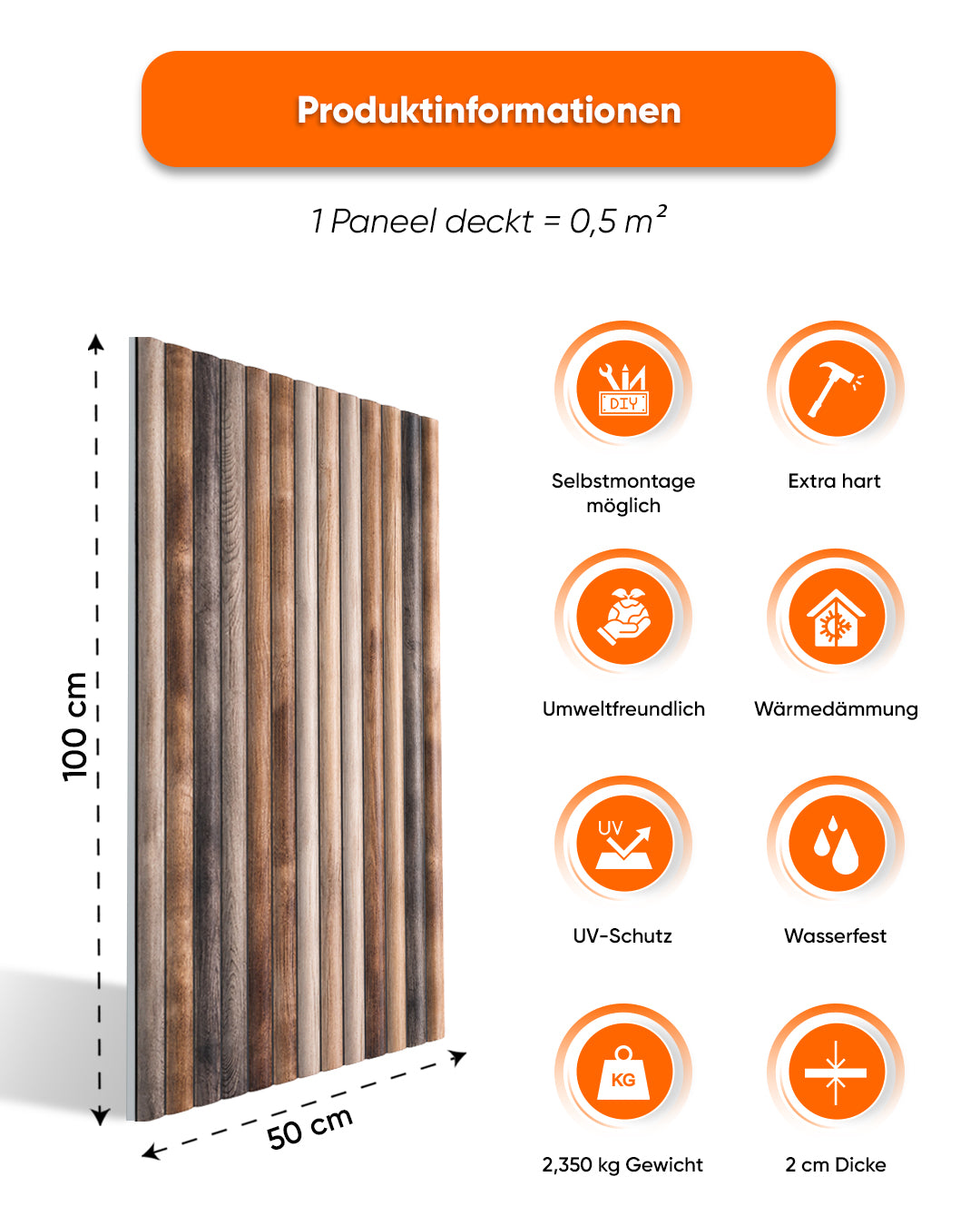 Wandverkleidung Holzoptik 50×100×2 cm | 3D Wandpaneele aus Styropor | Rustic Wood OP-02