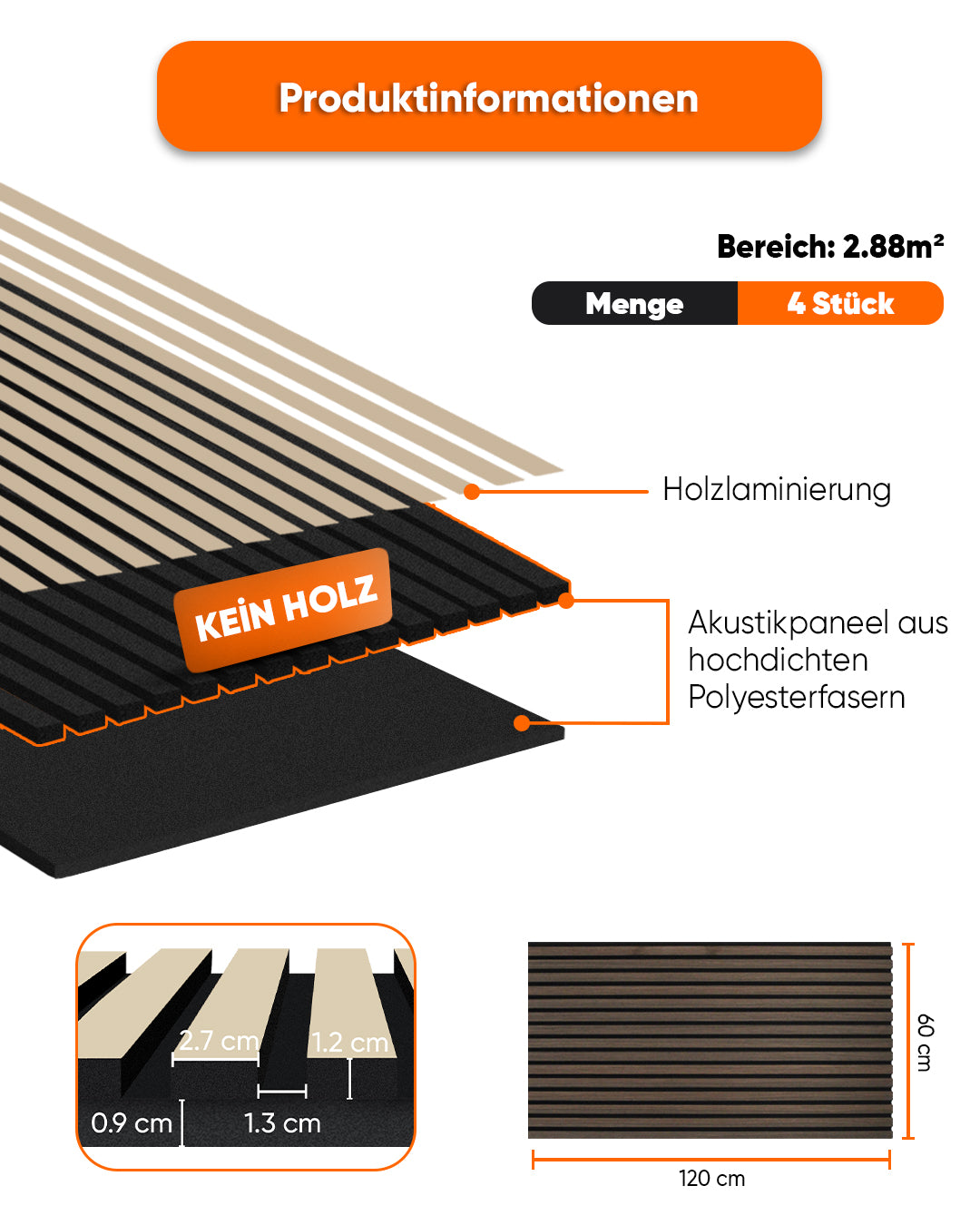 3D Akustik Wandpaneel Holz 4er Set – 120×60×2,1 cm – Smoke Walnut
