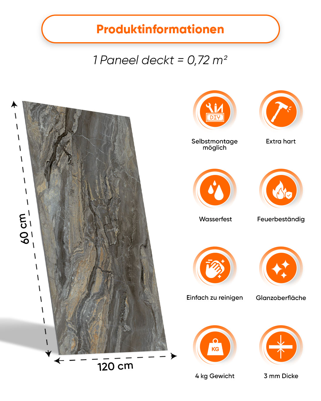Wandpaneele Marmoroptik 60x120 cm mit Smoky Brown Design, PVC Wandverkleidung, Produktinformationen und Eigenschaften.
