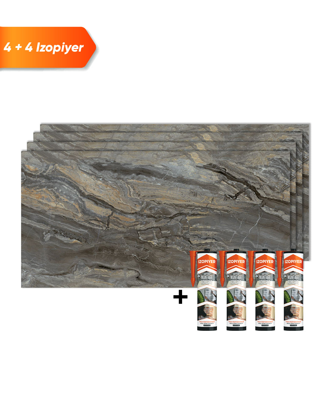 Wandpaneele Marmoroptik 60x120 cm mit PVC Marmor Wandverkleidung in Smoky Brown und beigelegte Zubehörprodukte.