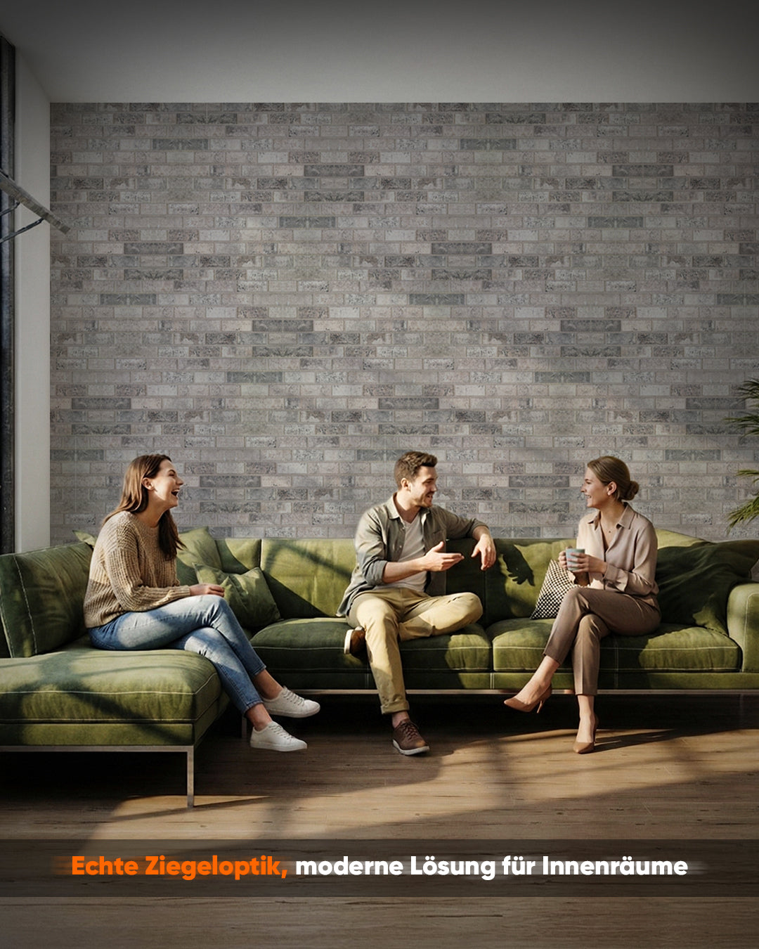 Ziegelsteinoptik Wandpaneele 50×100×2 cm in moderner Innenraumgestaltung mit Sitzgruppe.
