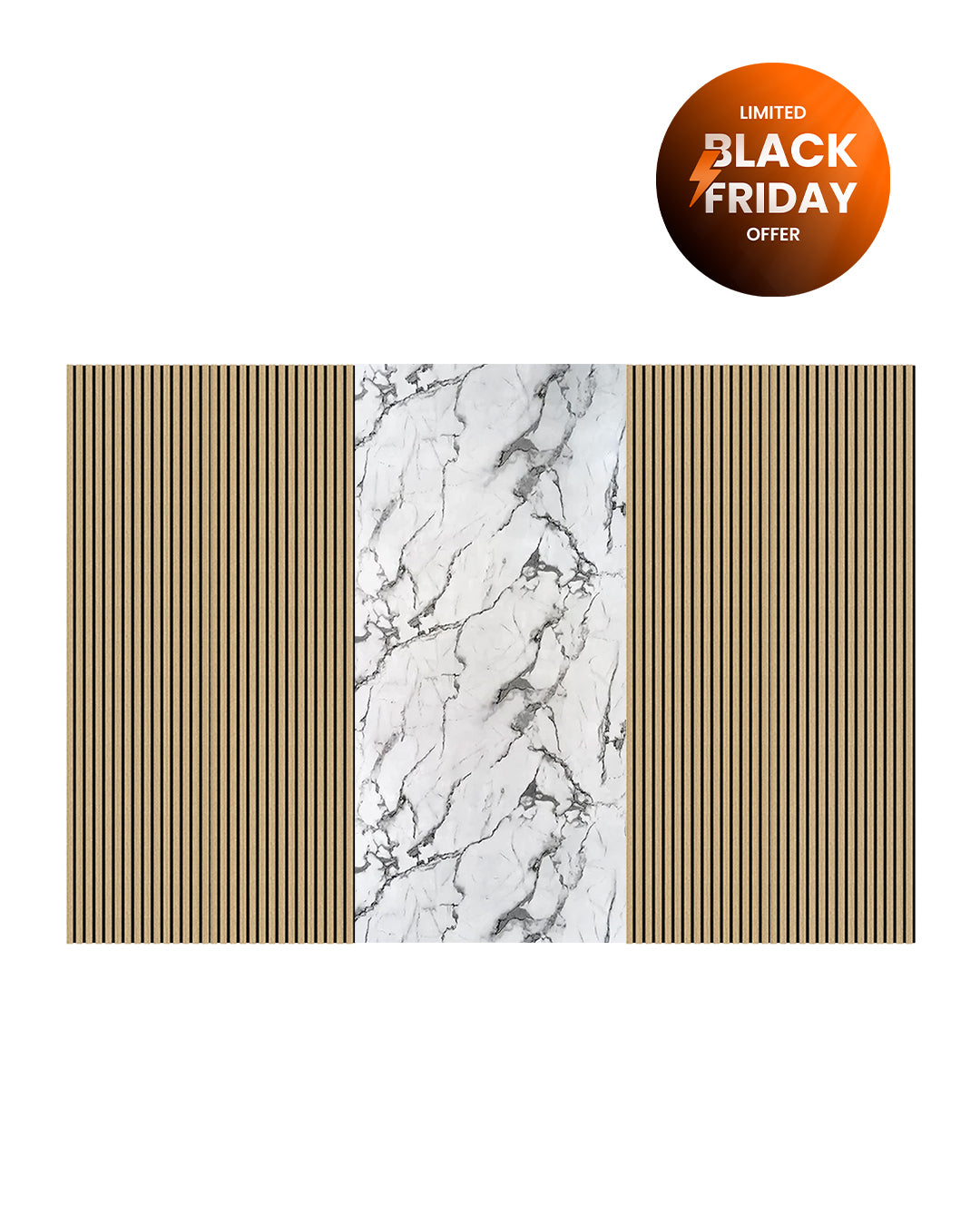 TV Wandpaneel Set – Akustik Holzpaneele (60×240 cm) + PVC Marmorpaneel Arctic Breeze (122×244 cm)