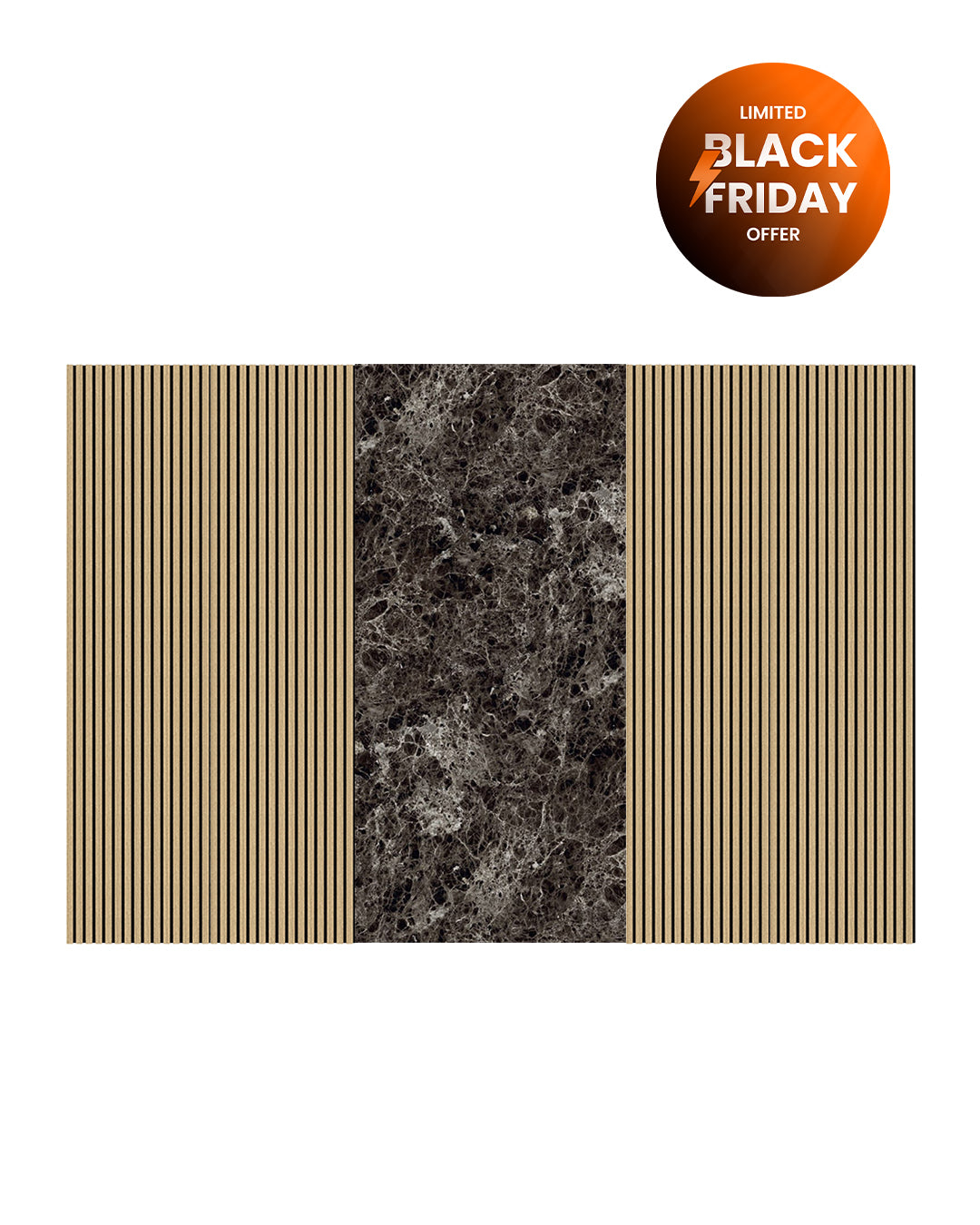 TV Wandpaneel Set – Akustik Holzpaneele (60×240 cm) + PVC Marmorpaneel Emperador Dark (122×244 cm)