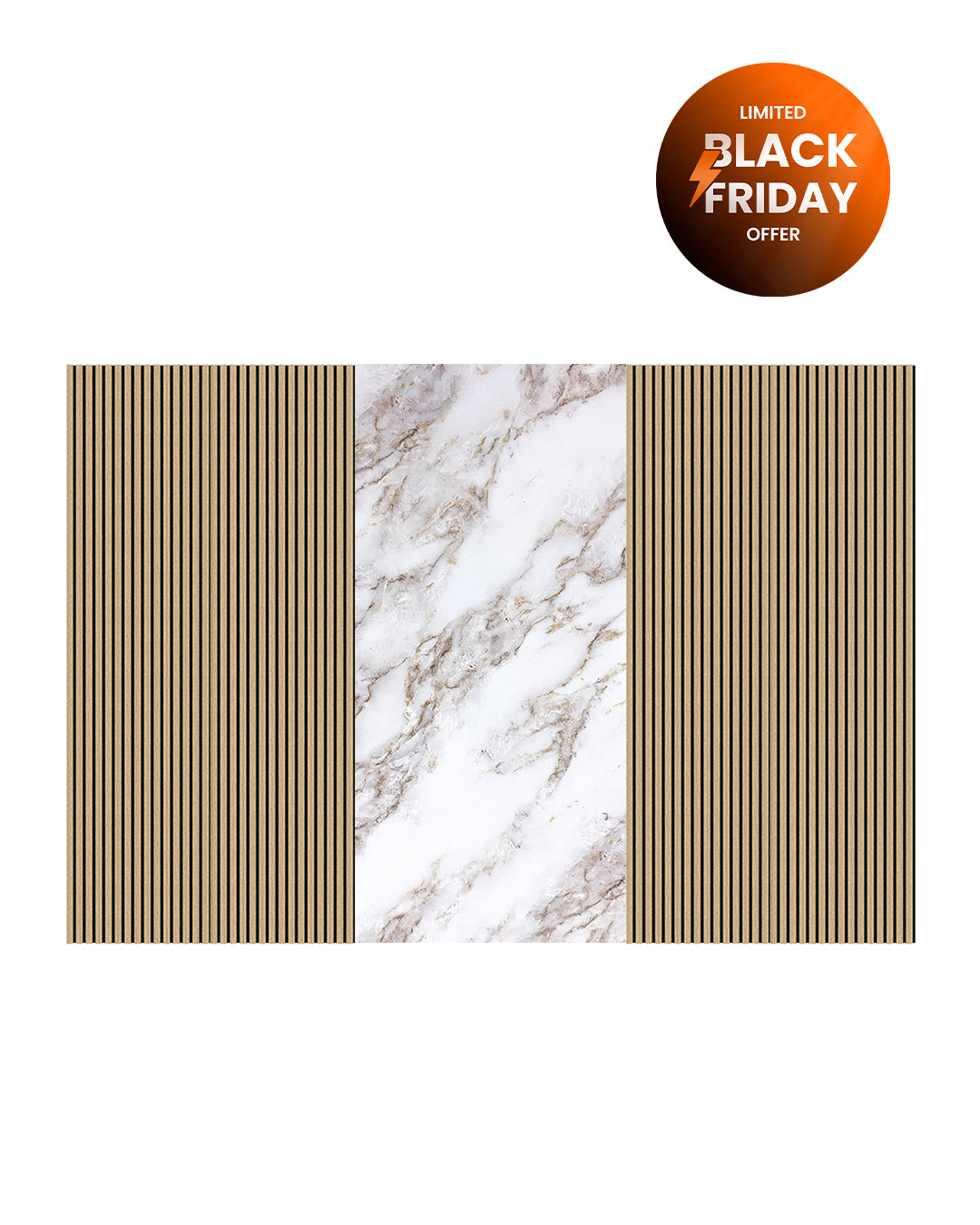 TV Wandpaneel Set – Akustik Holzpaneele (60×240 cm) + PVC Marmorpaneel Ice Berg Beige (122×244 cm)