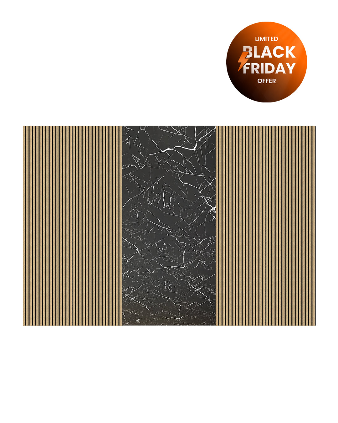 TV Wandpaneel Set – Akustik Holzpaneele (60×240 cm) + PVC Marmorpaneel Tidal Wave (122×244 cm)