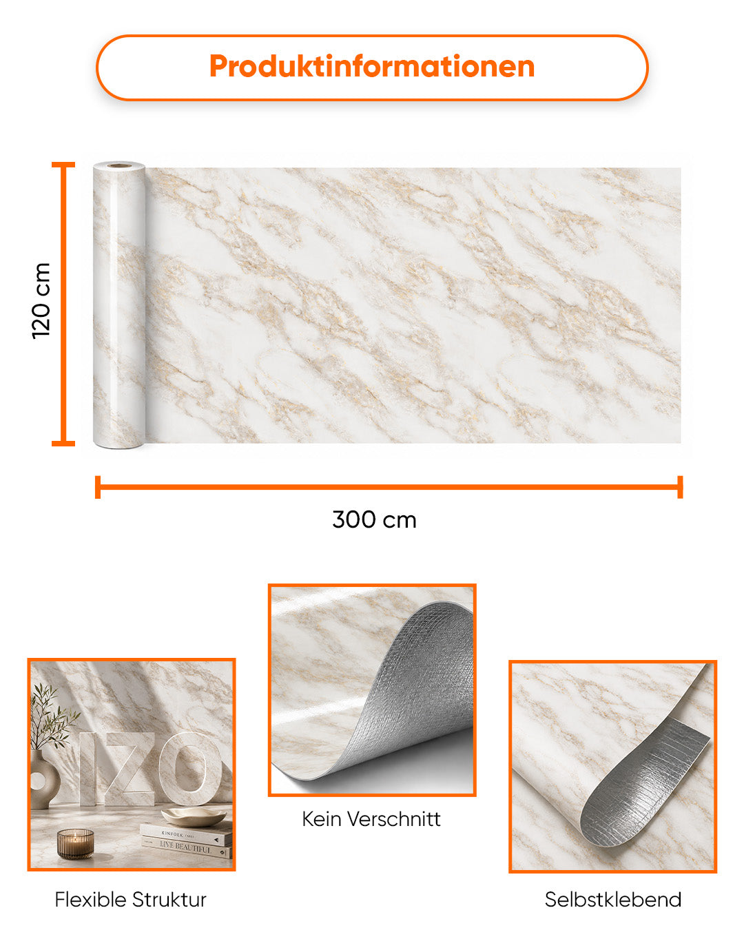 Marmoroptik Wandverkleidung 120×300 cm - 2,5 mm stark | Selbstklebend, flexibel & aufrollbar | Gold Vein Marble