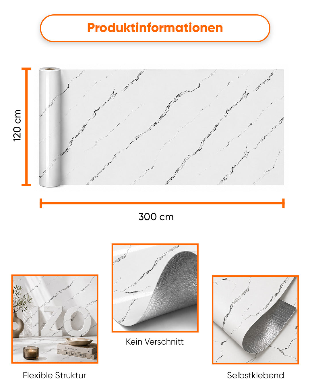 Marmoroptik Wandverkleidung 120×300 cm - 2,5 mm stark | Selbstklebend, flexibel & aufrollbar | Silver Vein Marble