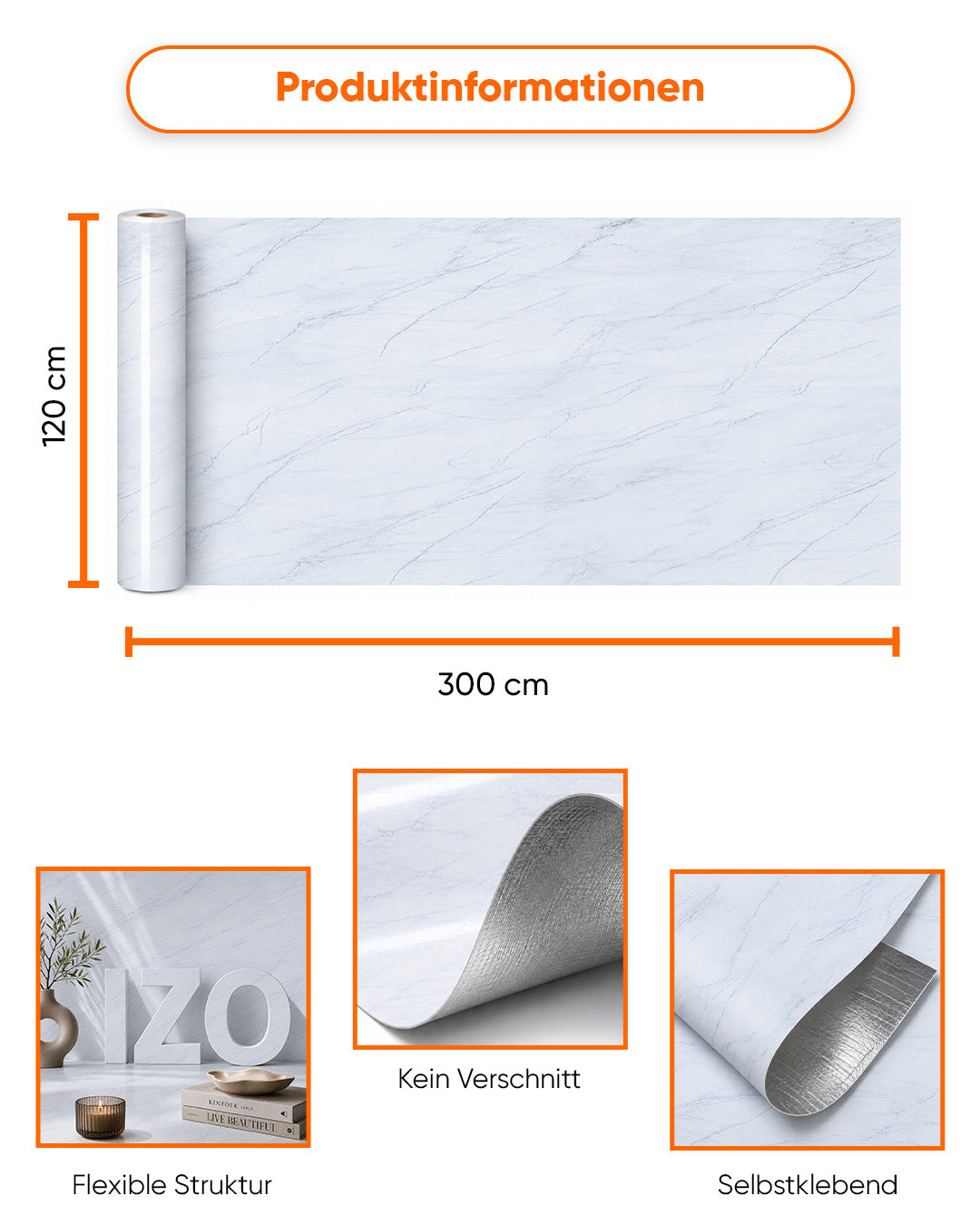 Marmoroptik Wandverkleidung 120×300 cm - 2,5 mm stark | Selbstklebend, flexibel & aufrollbar | Arctic Weiß Marble